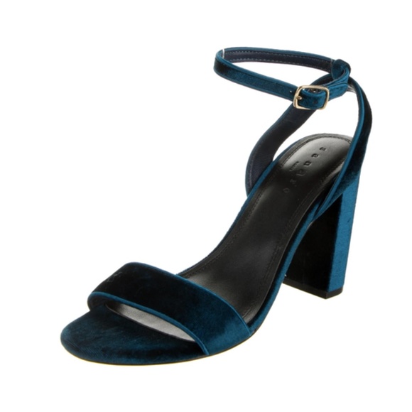 Sandro Paris block heels blue velvet buckle closure at ankles Size 6 - Picture 3 of 12